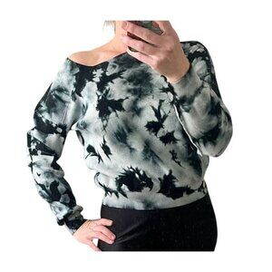 Line And Dot Women's Asymmetrical Off Shoulder Black Tie Dye Sweatshirt Sm